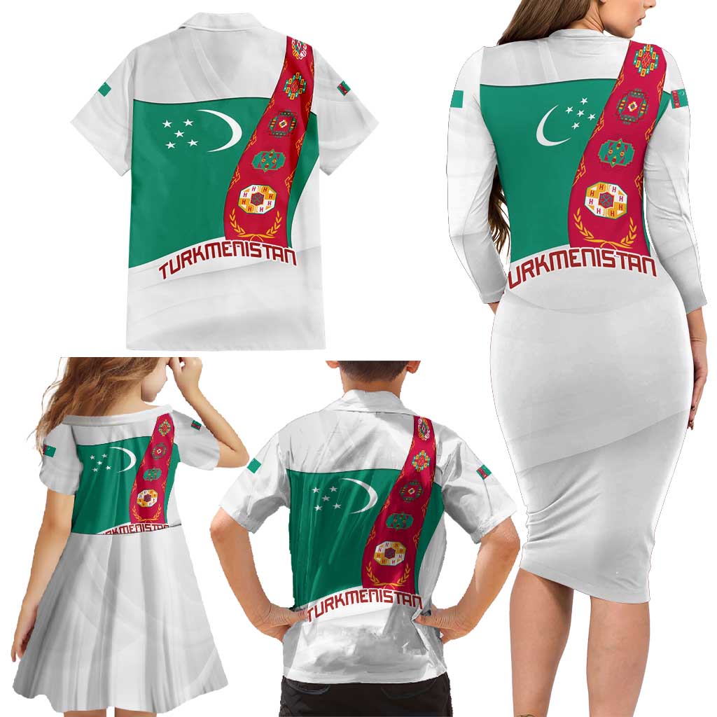 Turkmenistan Flag Family Matching Long Sleeve Bodycon Dress and Hawaiian Shirt with National Emblem and Carpet Stripe Design