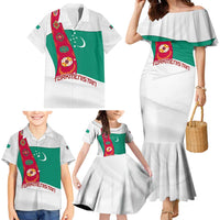 Turkmenistan Flag Family Matching Mermaid Dress and Hawaiian Shirt with National Emblem and Carpet Stripe Design