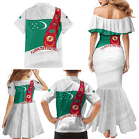 Turkmenistan Flag Family Matching Mermaid Dress and Hawaiian Shirt with National Emblem and Carpet Stripe Design