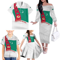 Turkmenistan Flag Family Matching Off The Shoulder Long Sleeve Dress and Hawaiian Shirt with National Emblem and Carpet Stripe Design