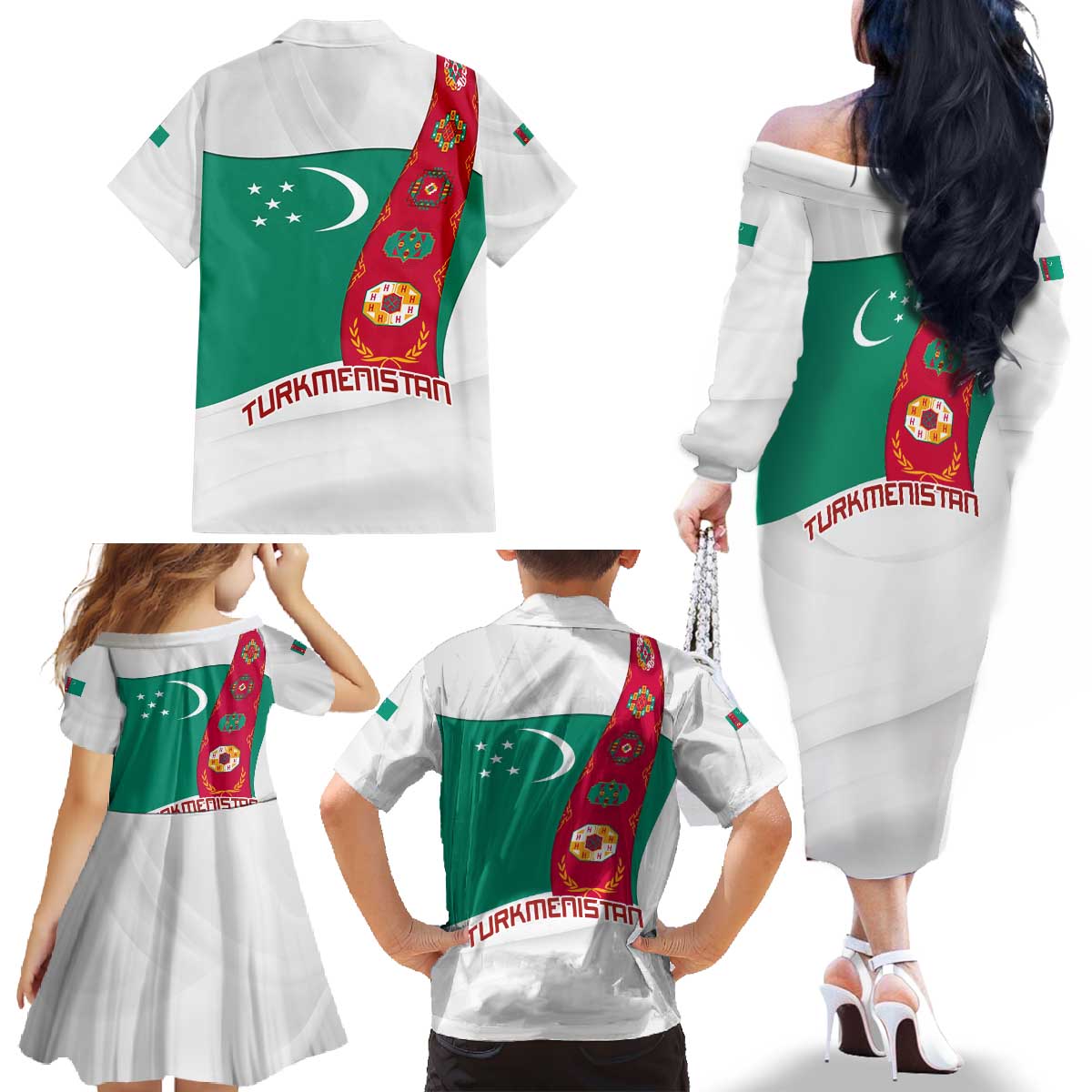 Turkmenistan Flag Family Matching Off The Shoulder Long Sleeve Dress and Hawaiian Shirt with National Emblem and Carpet Stripe Design