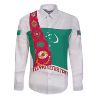 Turkmenistan Flag Family Matching Off The Shoulder Long Sleeve Dress and Hawaiian Shirt with National Emblem and Carpet Stripe Design