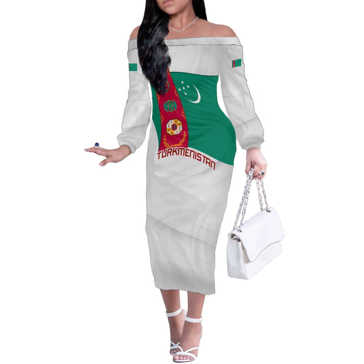 Turkmenistan Flag Family Matching Off The Shoulder Long Sleeve Dress and Hawaiian Shirt with National Emblem and Carpet Stripe Design