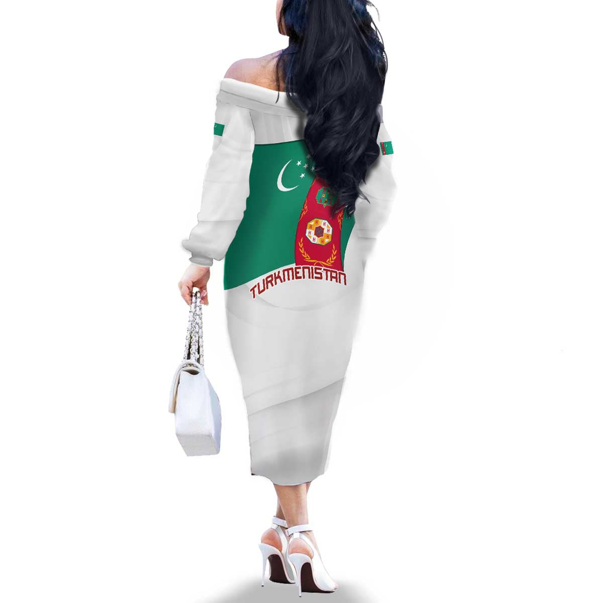 Turkmenistan Flag Family Matching Off The Shoulder Long Sleeve Dress and Hawaiian Shirt with National Emblem and Carpet Stripe Design
