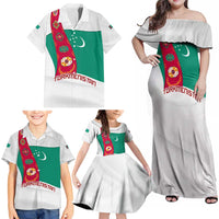 Turkmenistan Flag Family Matching Off Shoulder Maxi Dress and Hawaiian Shirt with National Emblem and Carpet Stripe Design