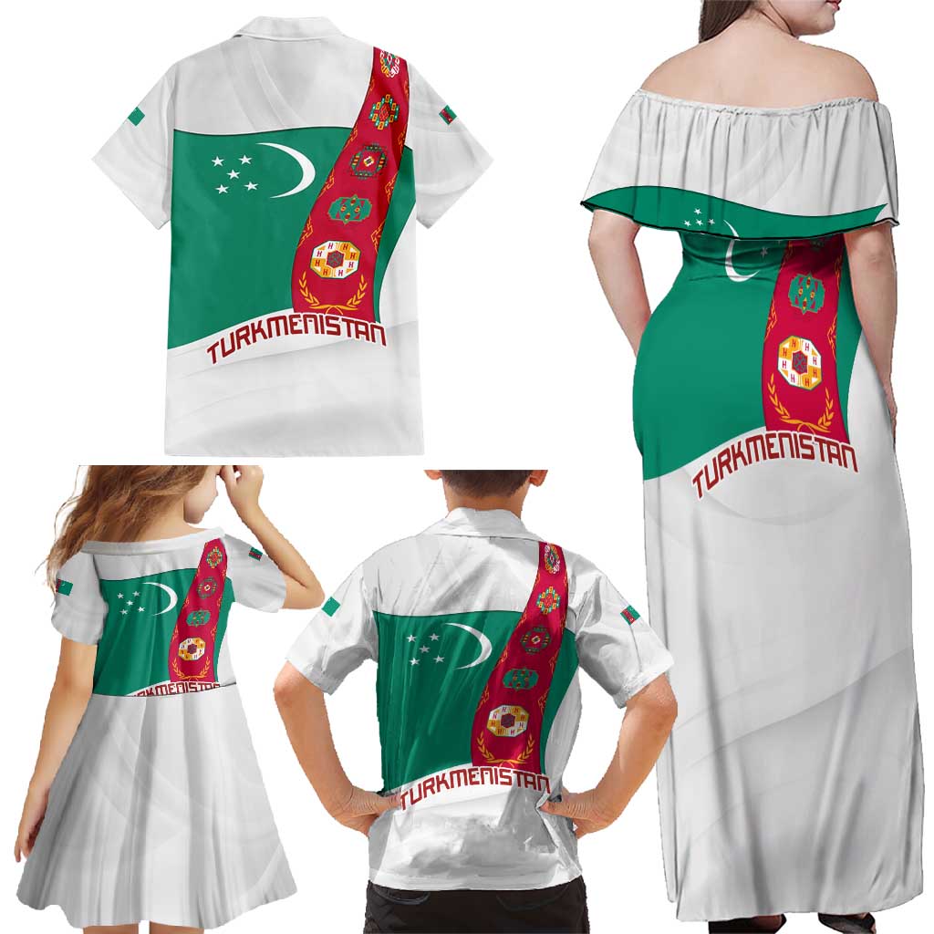 Turkmenistan Flag Family Matching Off Shoulder Maxi Dress and Hawaiian Shirt with National Emblem and Carpet Stripe Design