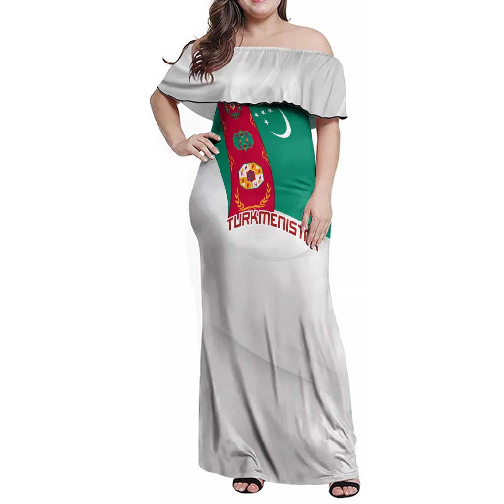 Turkmenistan Flag Family Matching Off Shoulder Maxi Dress and Hawaiian Shirt with National Emblem and Carpet Stripe Design