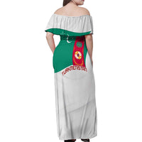 Turkmenistan Flag Family Matching Off Shoulder Maxi Dress and Hawaiian Shirt with National Emblem and Carpet Stripe Design