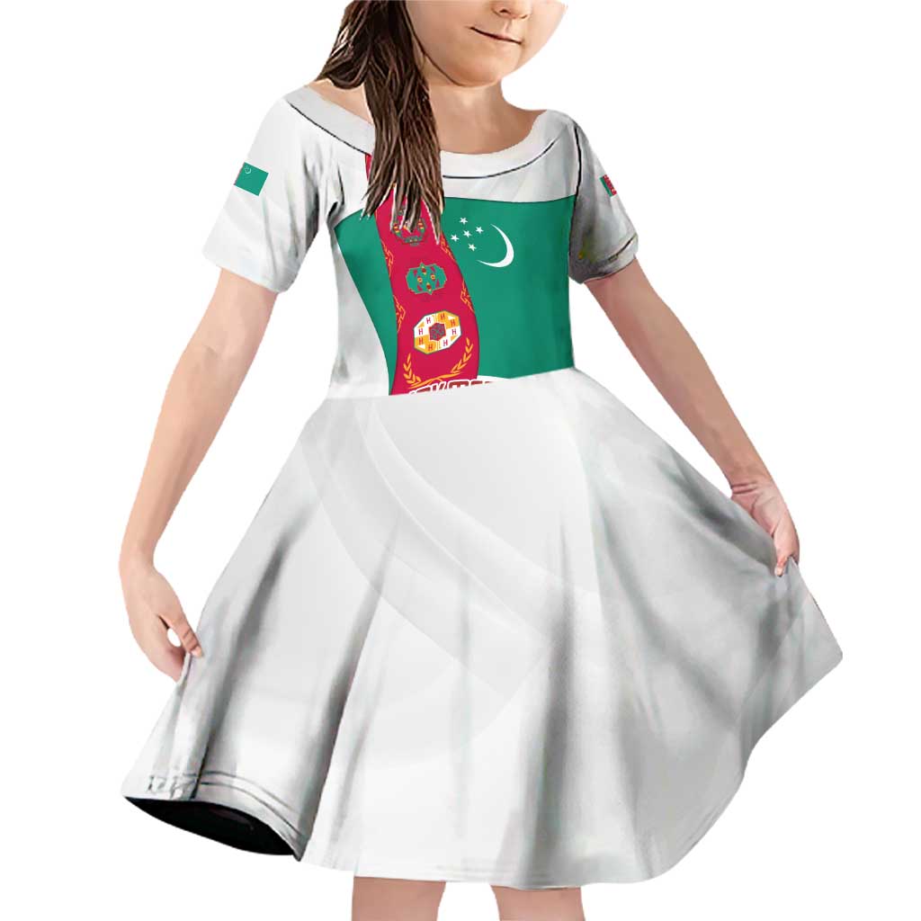 Turkmenistan Flag Family Matching Off Shoulder Short Dress and Hawaiian Shirt with National Emblem and Carpet Stripe Design