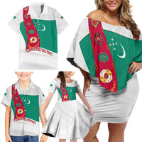 Turkmenistan Flag Family Matching Off Shoulder Short Dress and Hawaiian Shirt with National Emblem and Carpet Stripe Design