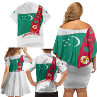 Turkmenistan Flag Family Matching Off Shoulder Short Dress and Hawaiian Shirt with National Emblem and Carpet Stripe Design