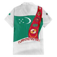 Turkmenistan Flag Family Matching Off Shoulder Short Dress and Hawaiian Shirt with National Emblem and Carpet Stripe Design