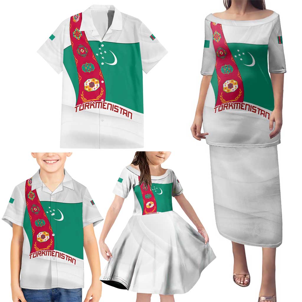 Turkmenistan Flag Family Matching Puletasi and Hawaiian Shirt with National Emblem and Carpet Stripe Design
