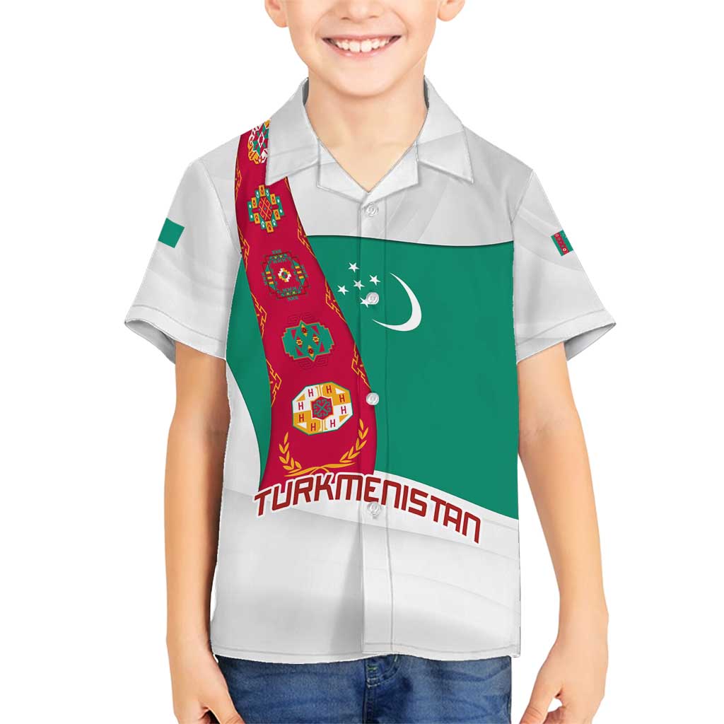 Turkmenistan Flag Family Matching Puletasi and Hawaiian Shirt with National Emblem and Carpet Stripe Design
