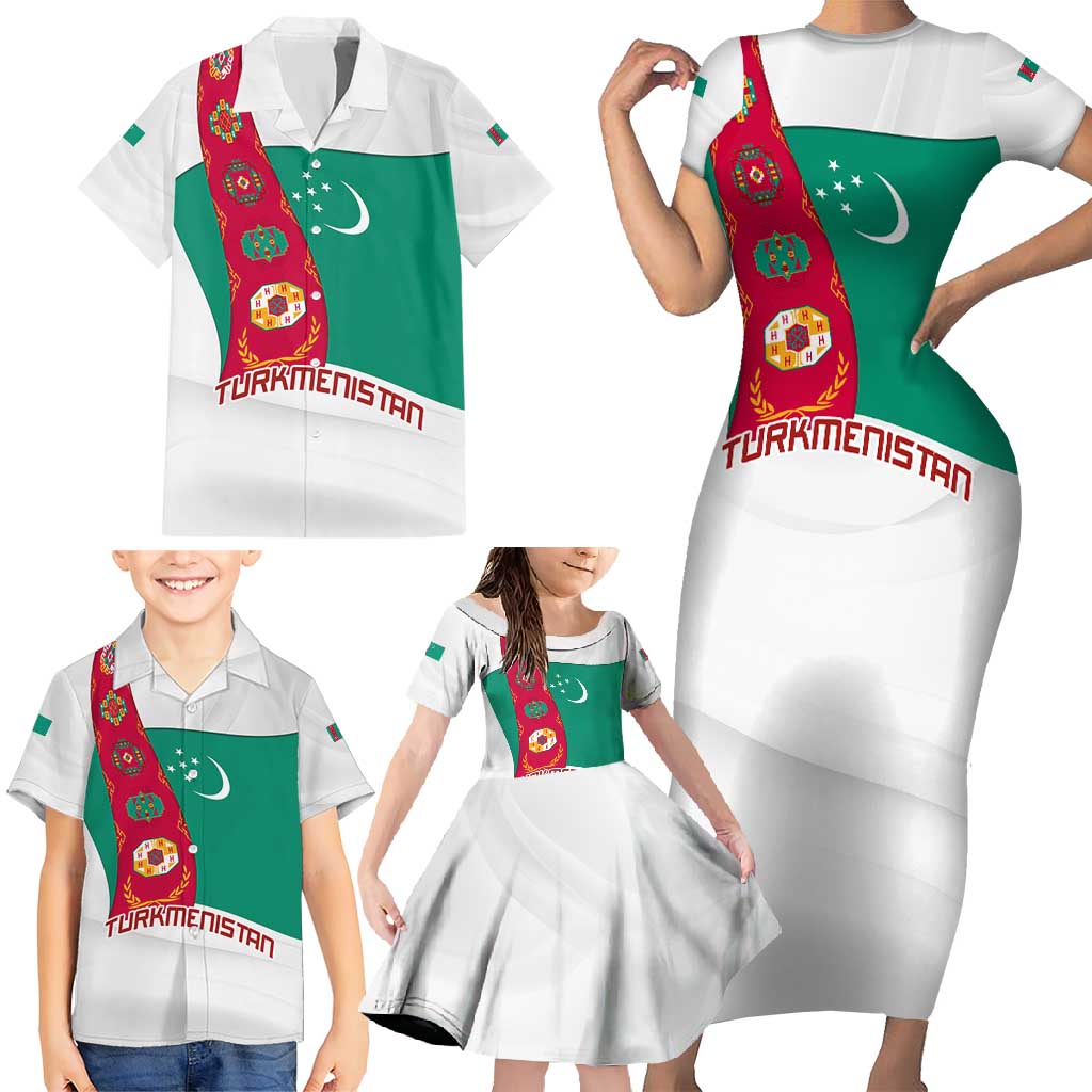 Turkmenistan Flag Family Matching Short Sleeve Bodycon Dress and Hawaiian Shirt with National Emblem and Carpet Stripe Design