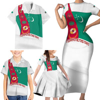 Turkmenistan Flag Family Matching Short Sleeve Bodycon Dress and Hawaiian Shirt with National Emblem and Carpet Stripe Design