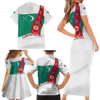 Turkmenistan Flag Family Matching Short Sleeve Bodycon Dress and Hawaiian Shirt with National Emblem and Carpet Stripe Design