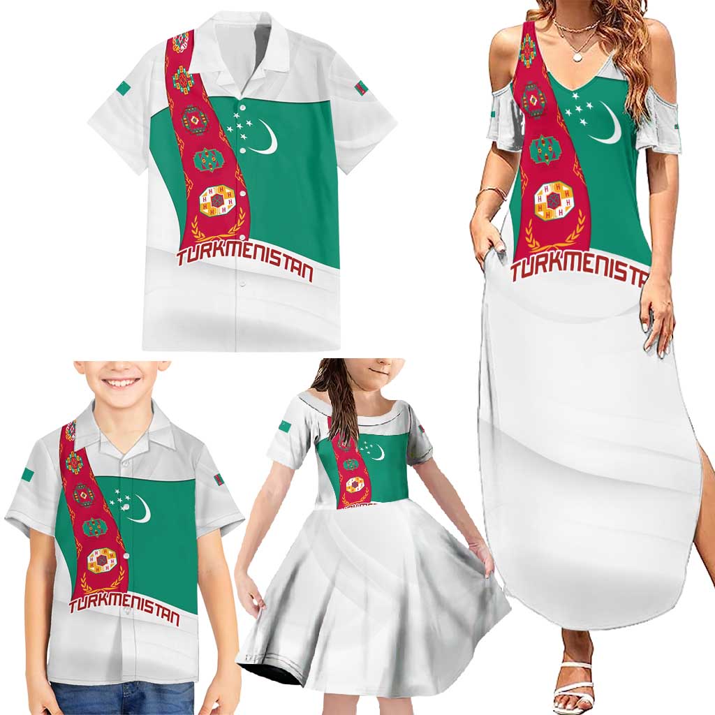 Turkmenistan Flag Family Matching Summer Maxi Dress and Hawaiian Shirt with National Emblem and Carpet Stripe Design