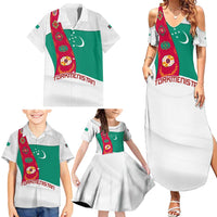 Turkmenistan Flag Family Matching Summer Maxi Dress and Hawaiian Shirt with National Emblem and Carpet Stripe Design