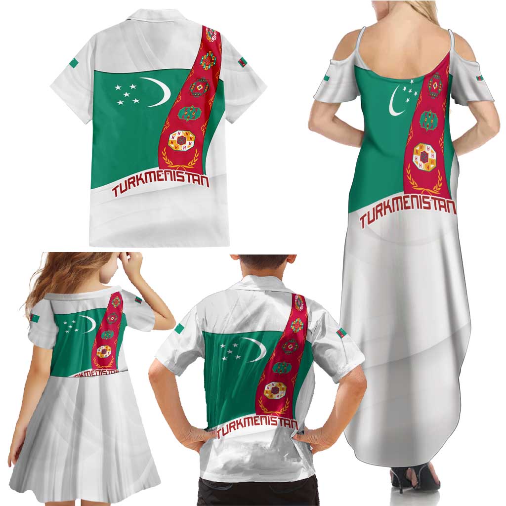 Turkmenistan Flag Family Matching Summer Maxi Dress and Hawaiian Shirt with National Emblem and Carpet Stripe Design