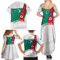 Turkmenistan Flag Family Matching Summer Maxi Dress and Hawaiian Shirt with National Emblem and Carpet Stripe Design