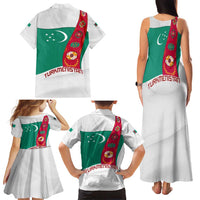 Turkmenistan Flag Family Matching Tank Maxi Dress and Hawaiian Shirt with National Emblem and Carpet Stripe Design