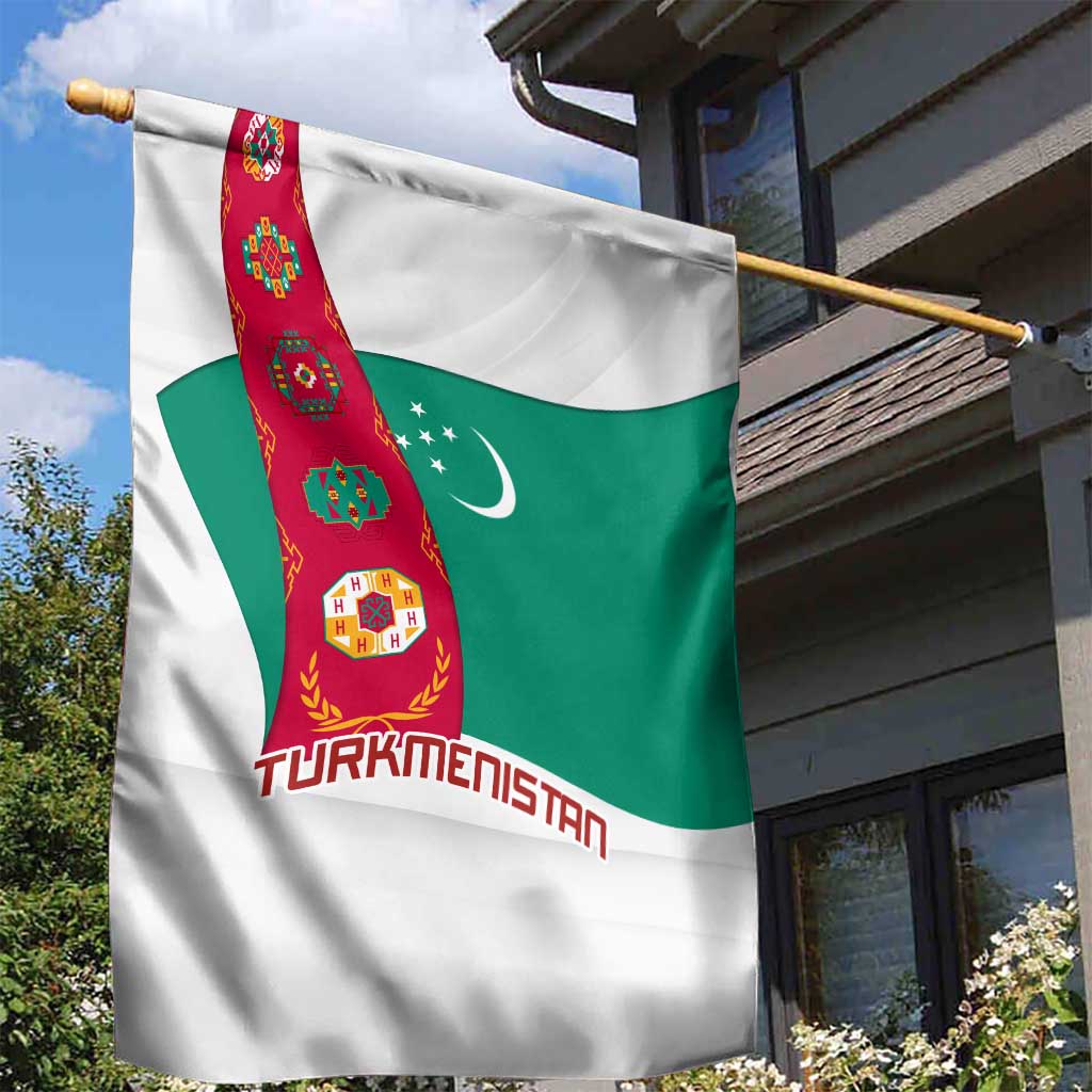 Turkmenistan Flag Garden Flag with National Emblem and Carpet Stripe Design