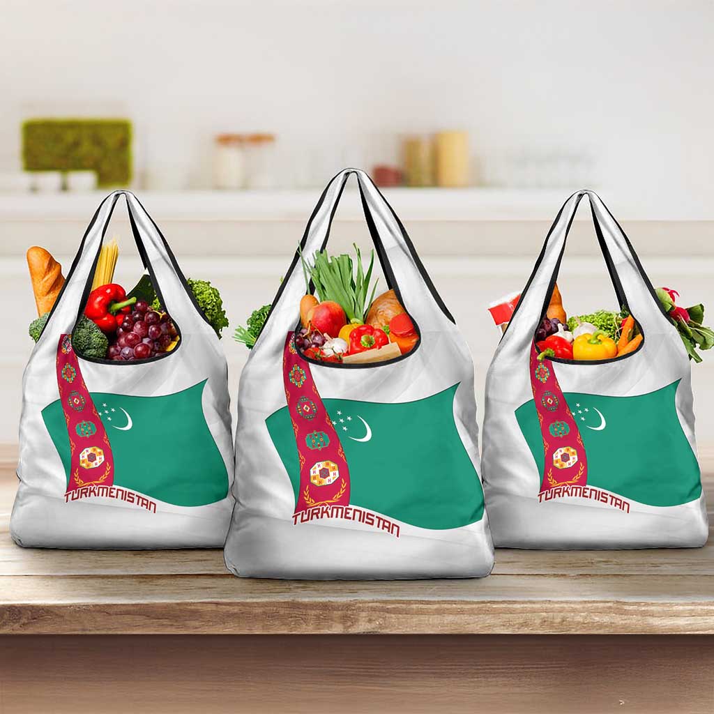 Turkmenistan Flag Grocery Bag with National Emblem and Carpet Stripe Design