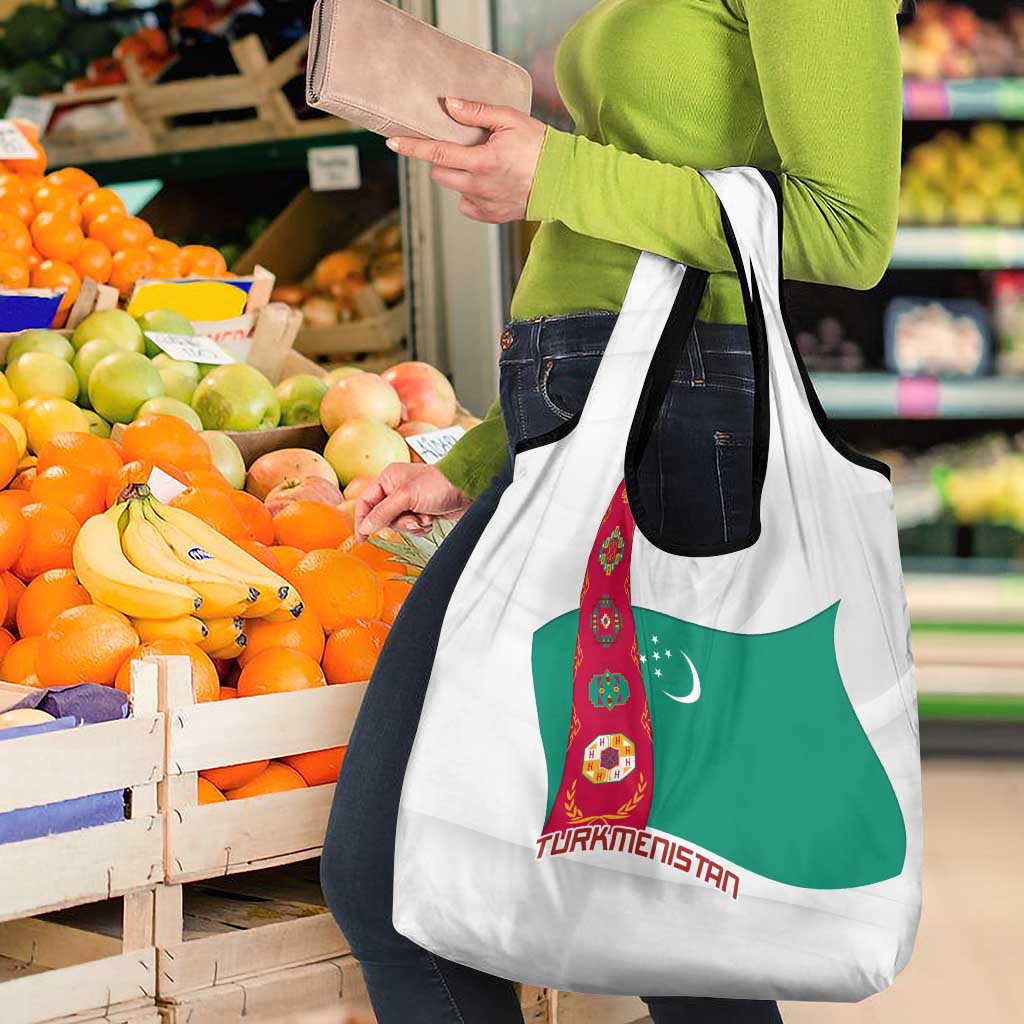 Turkmenistan Flag Grocery Bag with National Emblem and Carpet Stripe Design