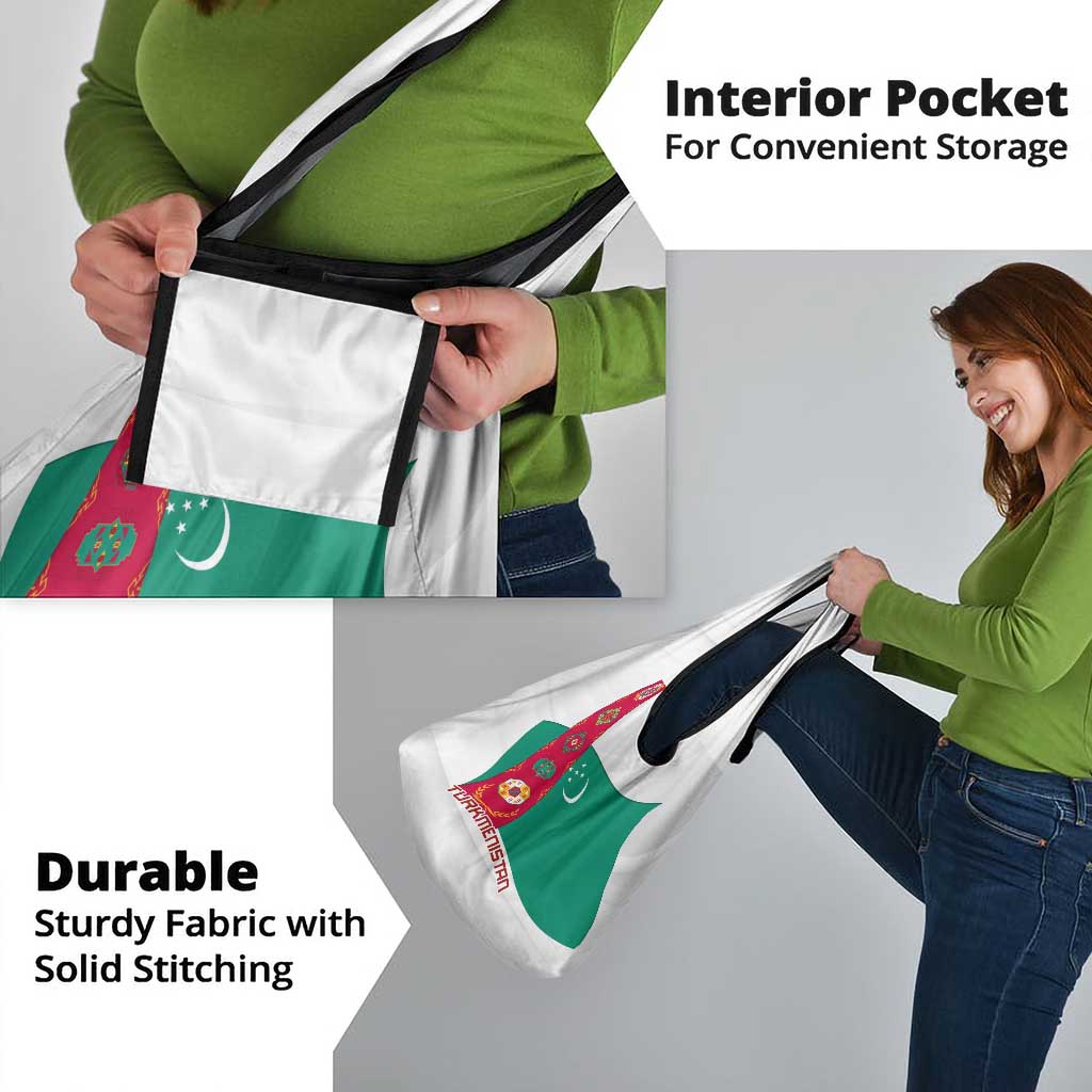 Turkmenistan Flag Grocery Bag with National Emblem and Carpet Stripe Design