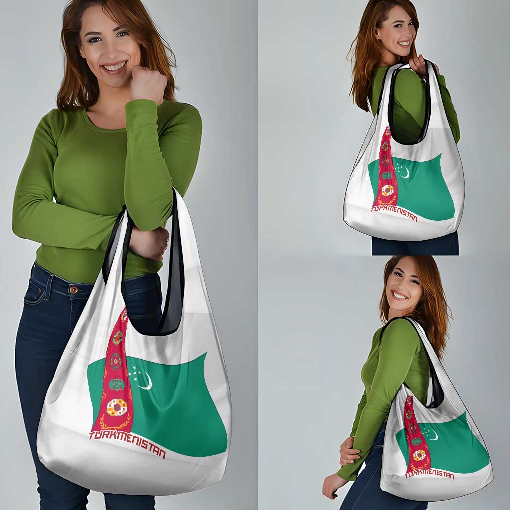 Turkmenistan Flag Grocery Bag with National Emblem and Carpet Stripe Design