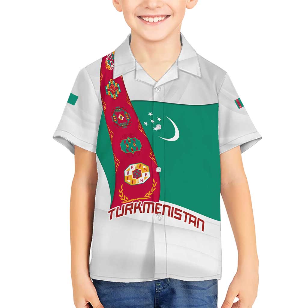 Turkmenistan Flag Hawaiian Shirt with National Emblem and Carpet Stripe Design