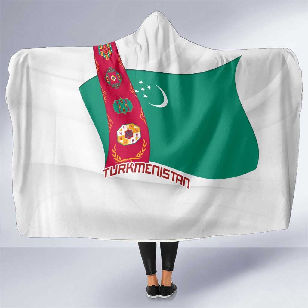 Turkmenistan Flag Hooded Blanket with National Emblem and Carpet Stripe Design