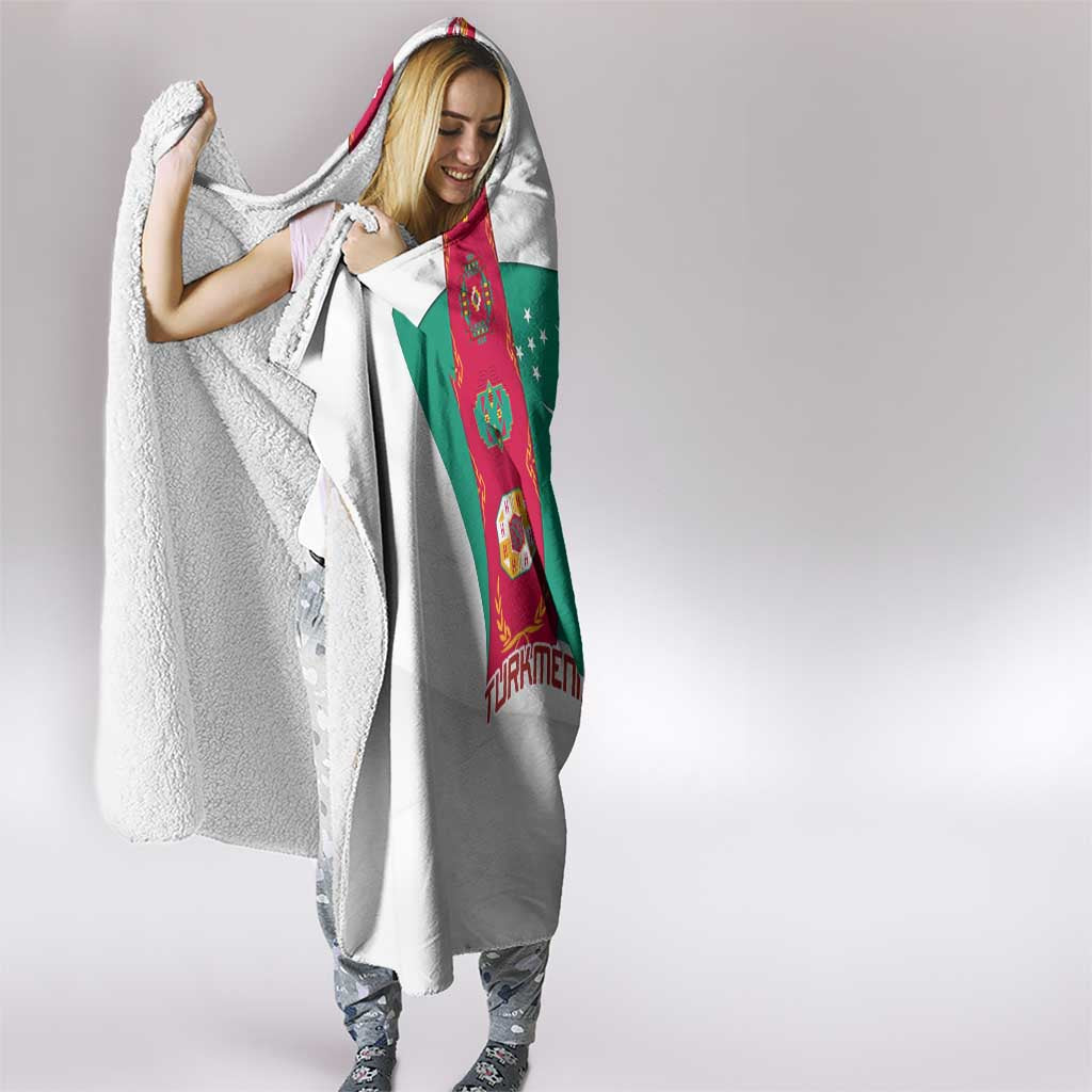 Turkmenistan Flag Hooded Blanket with National Emblem and Carpet Stripe Design