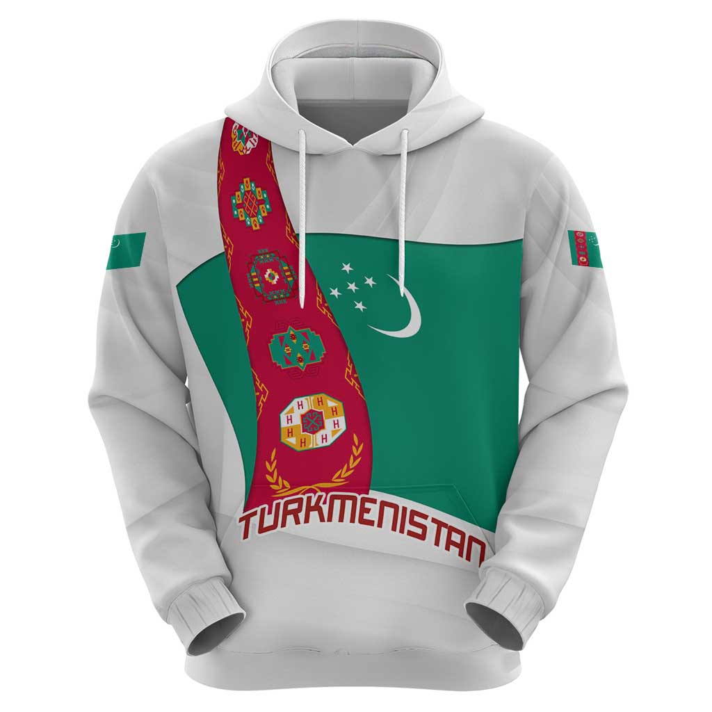 Turkmenistan Flag Hoodie with National Emblem and Carpet Stripe Design