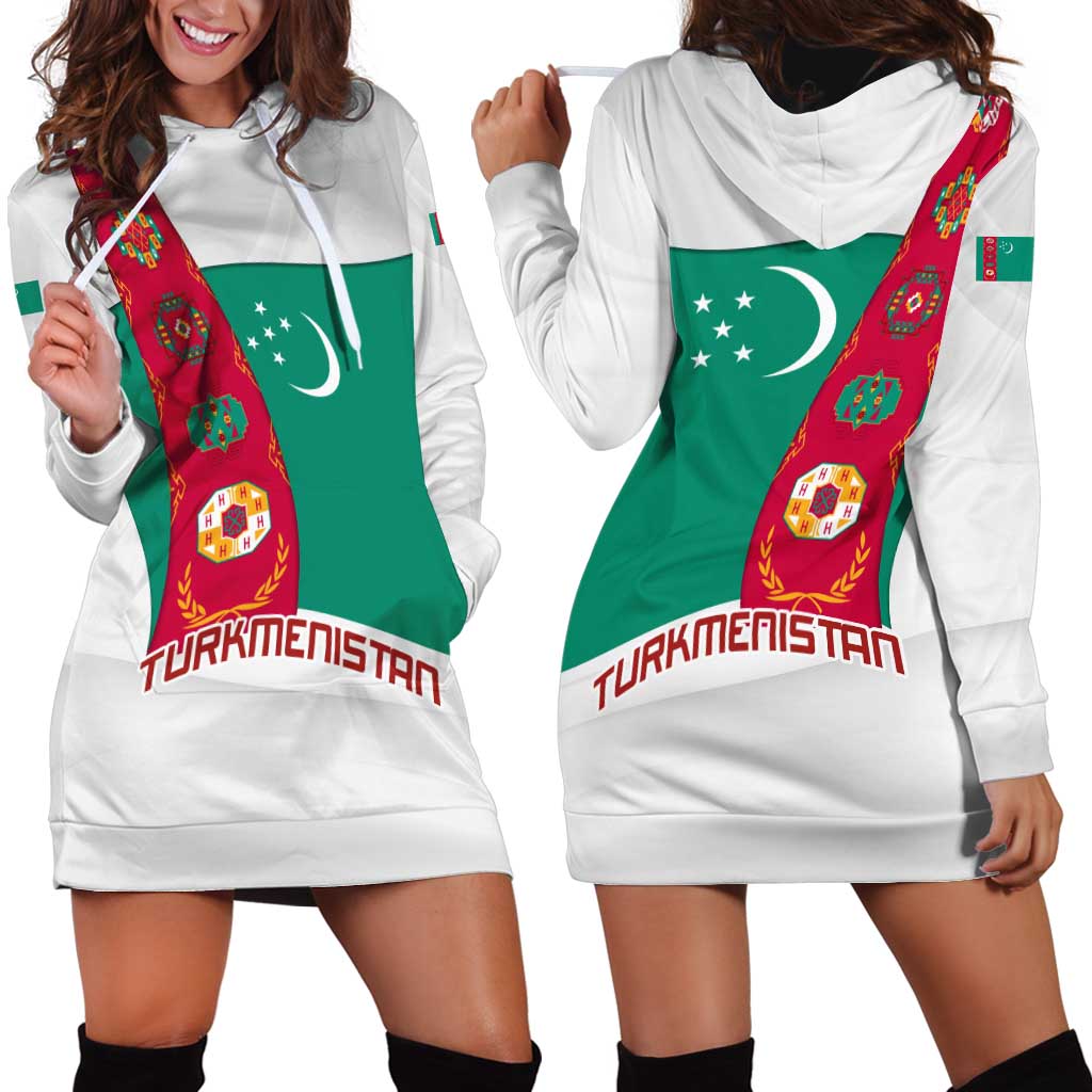 Turkmenistan Flag Hoodie Dress with National Emblem and Carpet Stripe Design