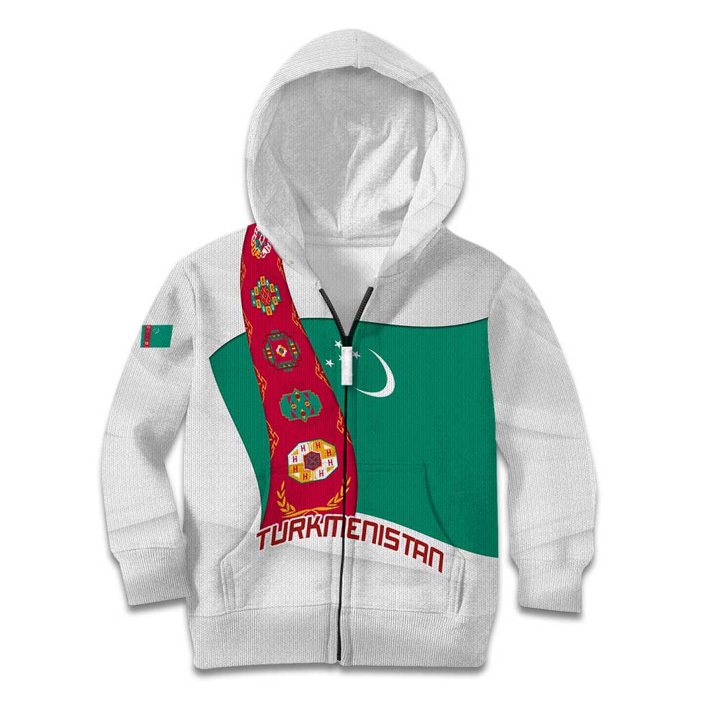 Turkmenistan Flag Kid Hoodie with National Emblem and Carpet Stripe Design