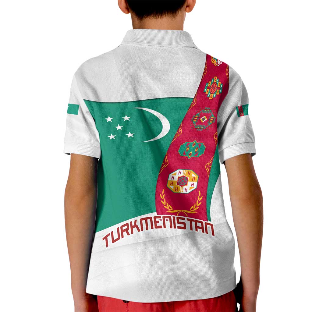 Turkmenistan Flag Kid Polo Shirt with National Emblem and Carpet Stripe Design