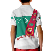 Turkmenistan Flag Kid Polo Shirt with National Emblem and Carpet Stripe Design