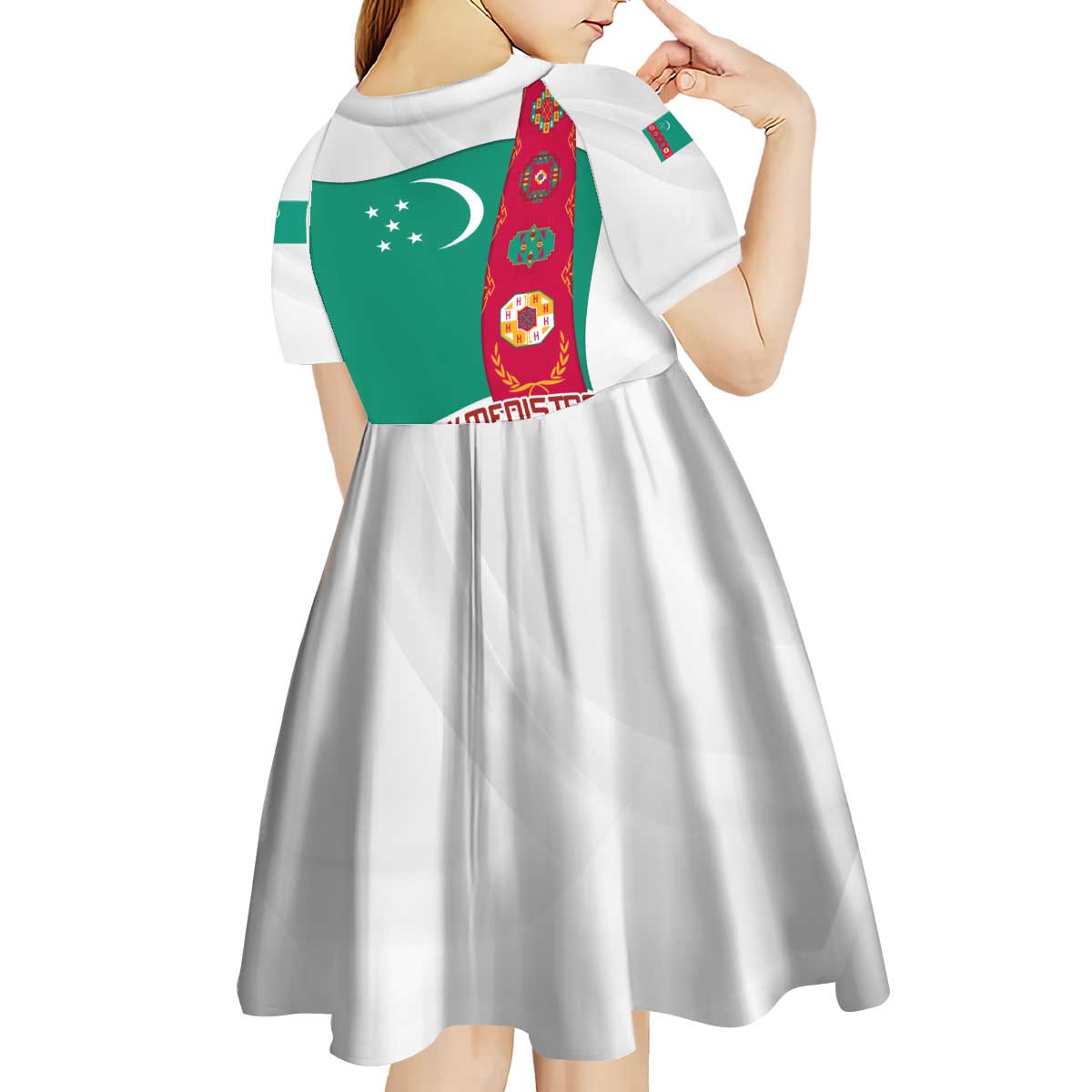 Turkmenistan Flag Kid Short Sleeve Dress with National Emblem and Carpet Stripe Design