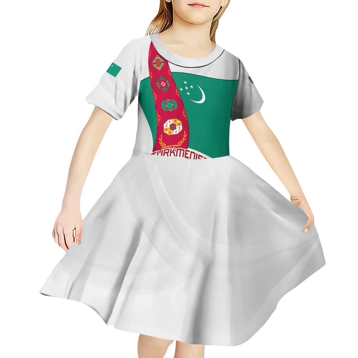 Turkmenistan Flag Kid Short Sleeve Dress with National Emblem and Carpet Stripe Design