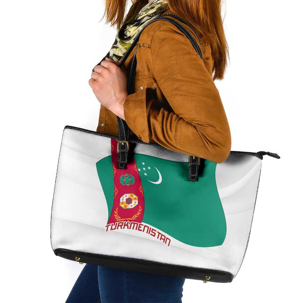 Turkmenistan Flag Leather Tote Bag with National Emblem and Carpet Stripe Design