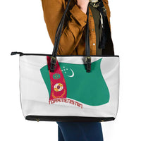 Turkmenistan Flag Leather Tote Bag with National Emblem and Carpet Stripe Design