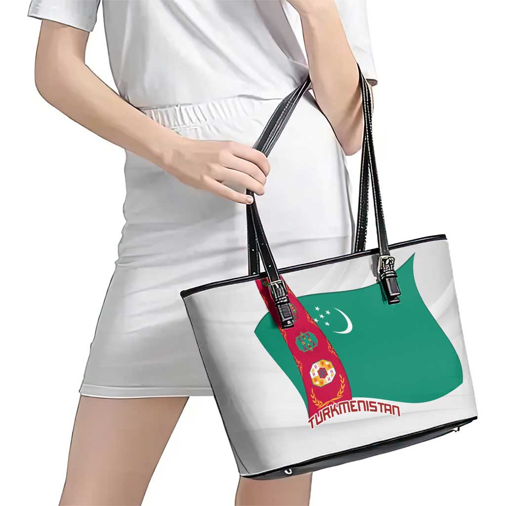 Turkmenistan Flag Leather Tote Bag with National Emblem and Carpet Stripe Design