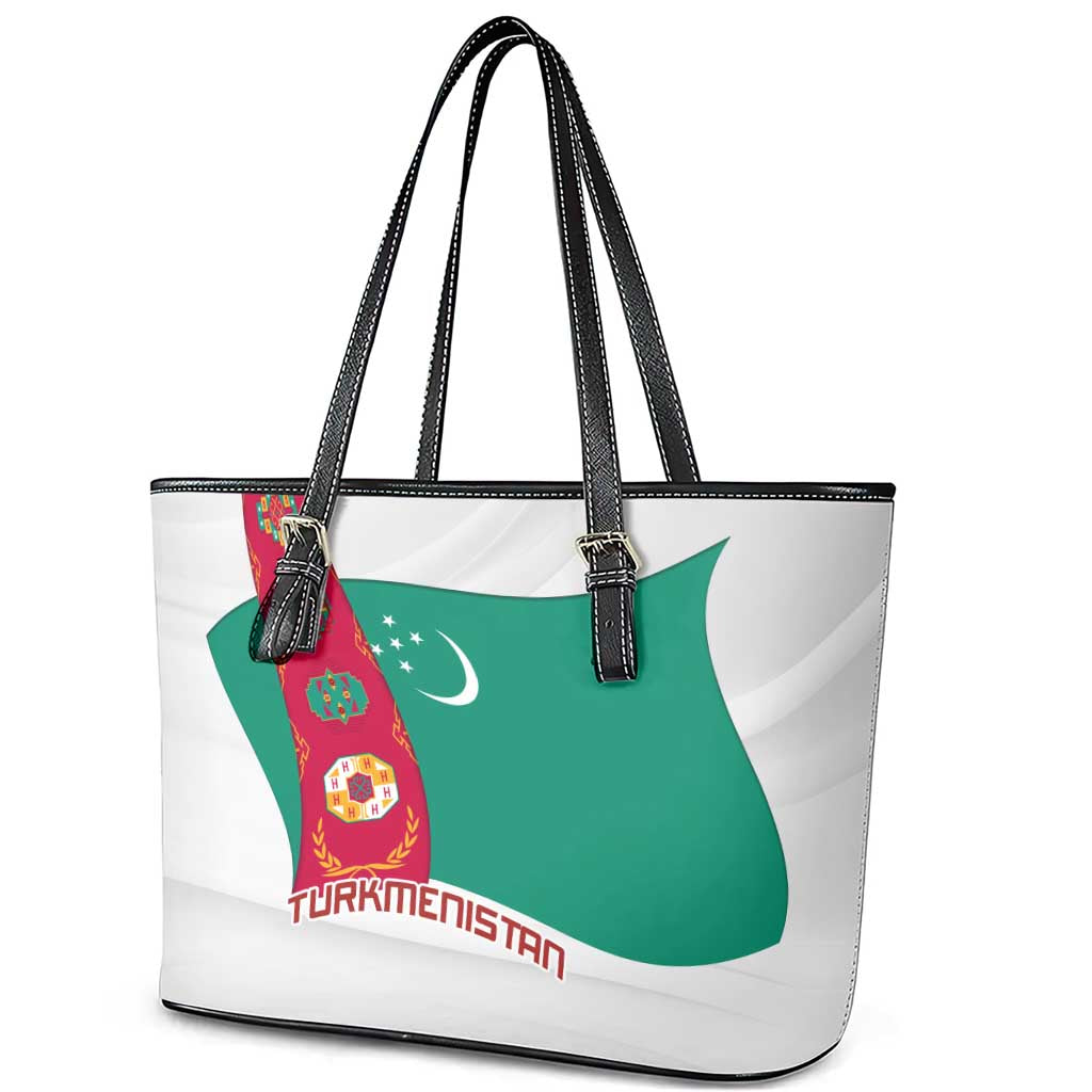 Turkmenistan Flag Leather Tote Bag with National Emblem and Carpet Stripe Design
