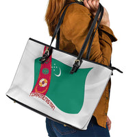 Turkmenistan Flag Leather Tote Bag with National Emblem and Carpet Stripe Design