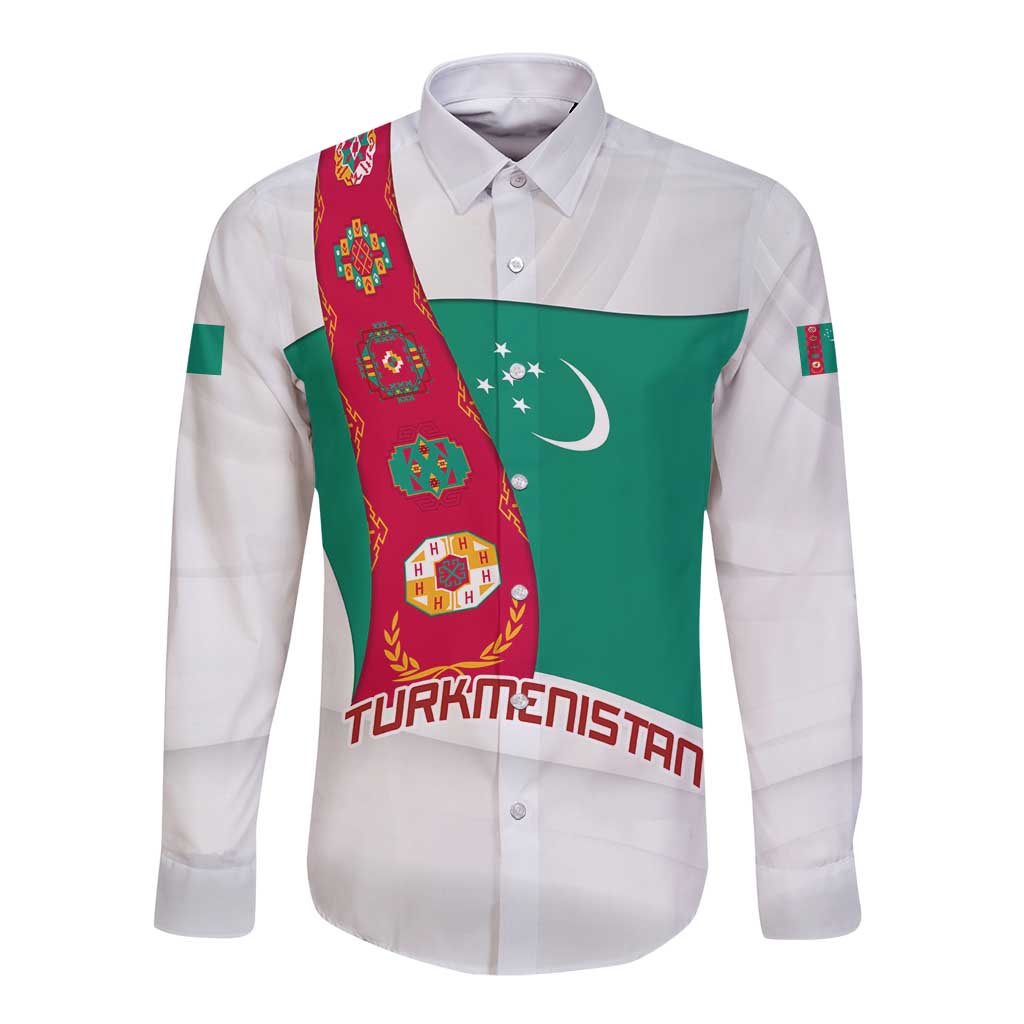 Turkmenistan Flag Long Sleeve Button Shirt with National Emblem and Carpet Stripe Design
