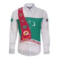 Turkmenistan Flag Long Sleeve Button Shirt with National Emblem and Carpet Stripe Design