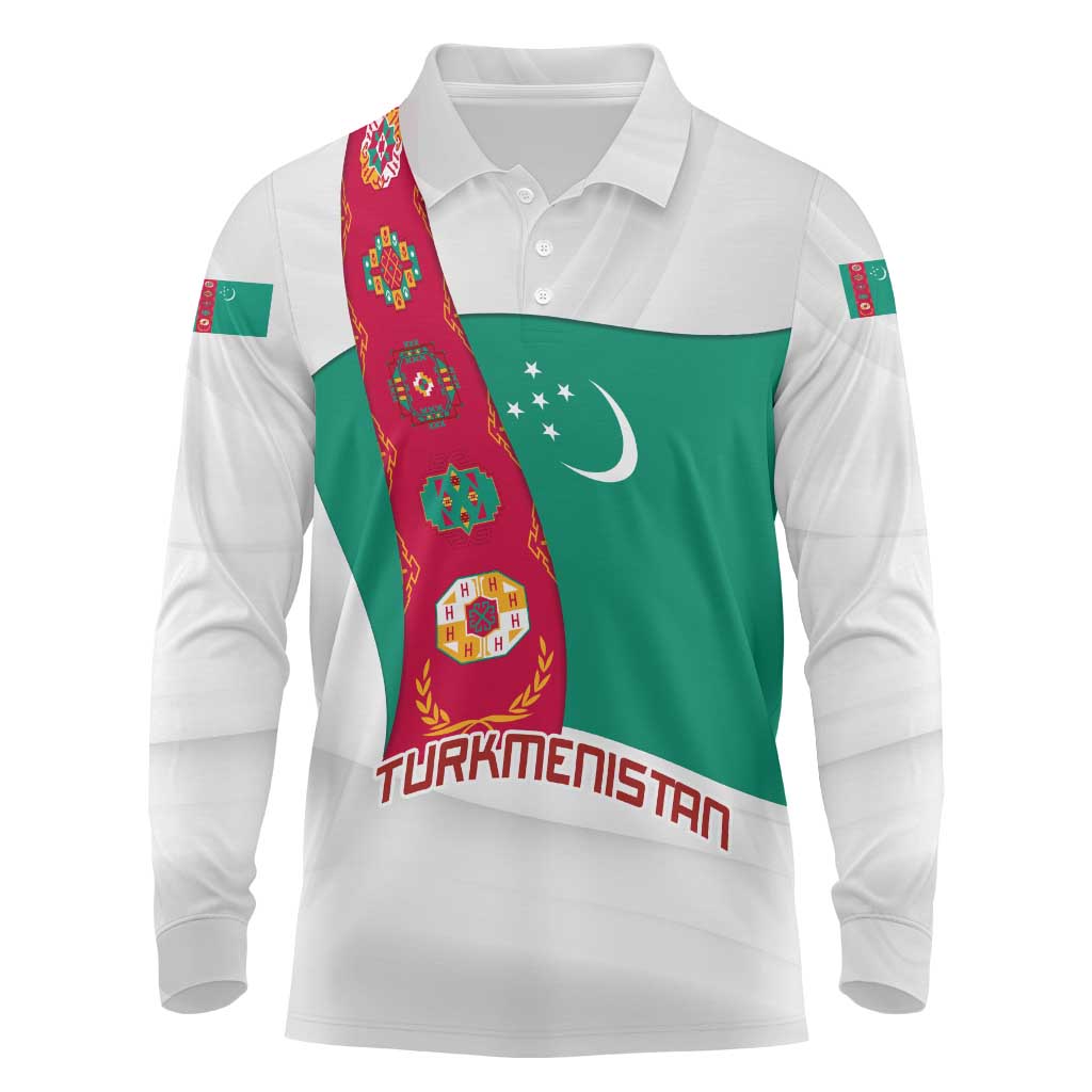 Turkmenistan Flag Long Sleeve Polo Shirt with National Emblem and Carpet Stripe Design