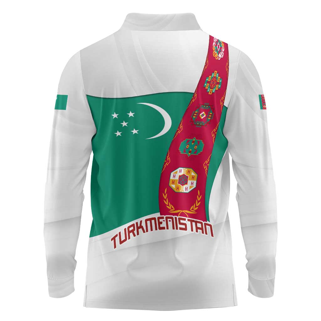 Turkmenistan Flag Long Sleeve Polo Shirt with National Emblem and Carpet Stripe Design